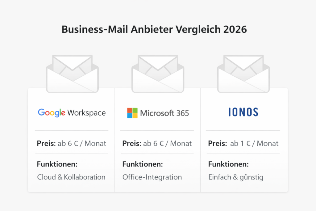 Business-Mail Anbieter Vergleich 2026 mit Google Workspace, Microsoft 365 und IONOS